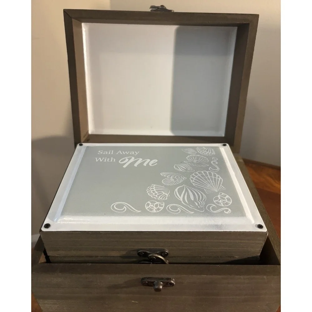 Coastal Set of 3 Wooden Decorative Storage Boxes w/ Lid, Nautical Floral Design